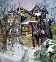 Janina architektura drewniana w Krynicy Zdroju, 2003, olej na płótnie, 74 x 67 cm